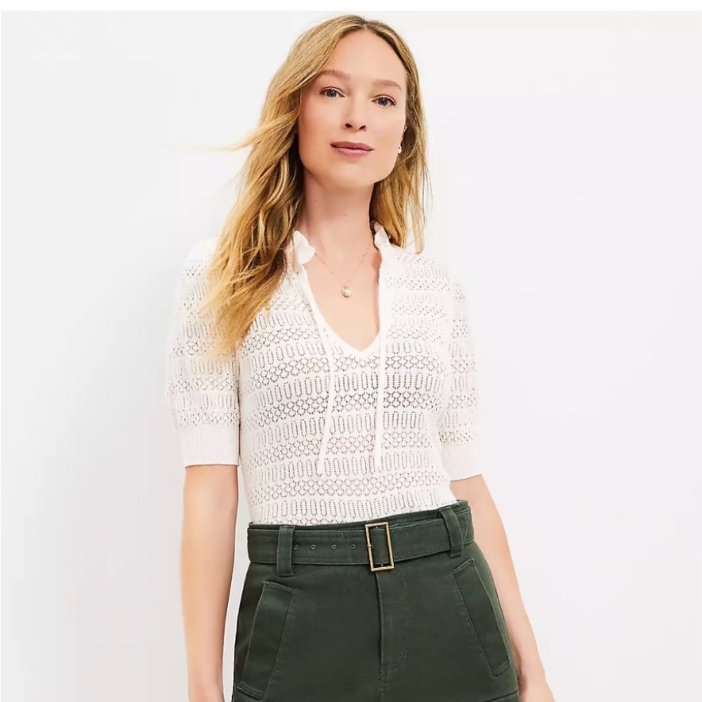 LOFT Petite Pointelle Tie Neck Sweater Tee
